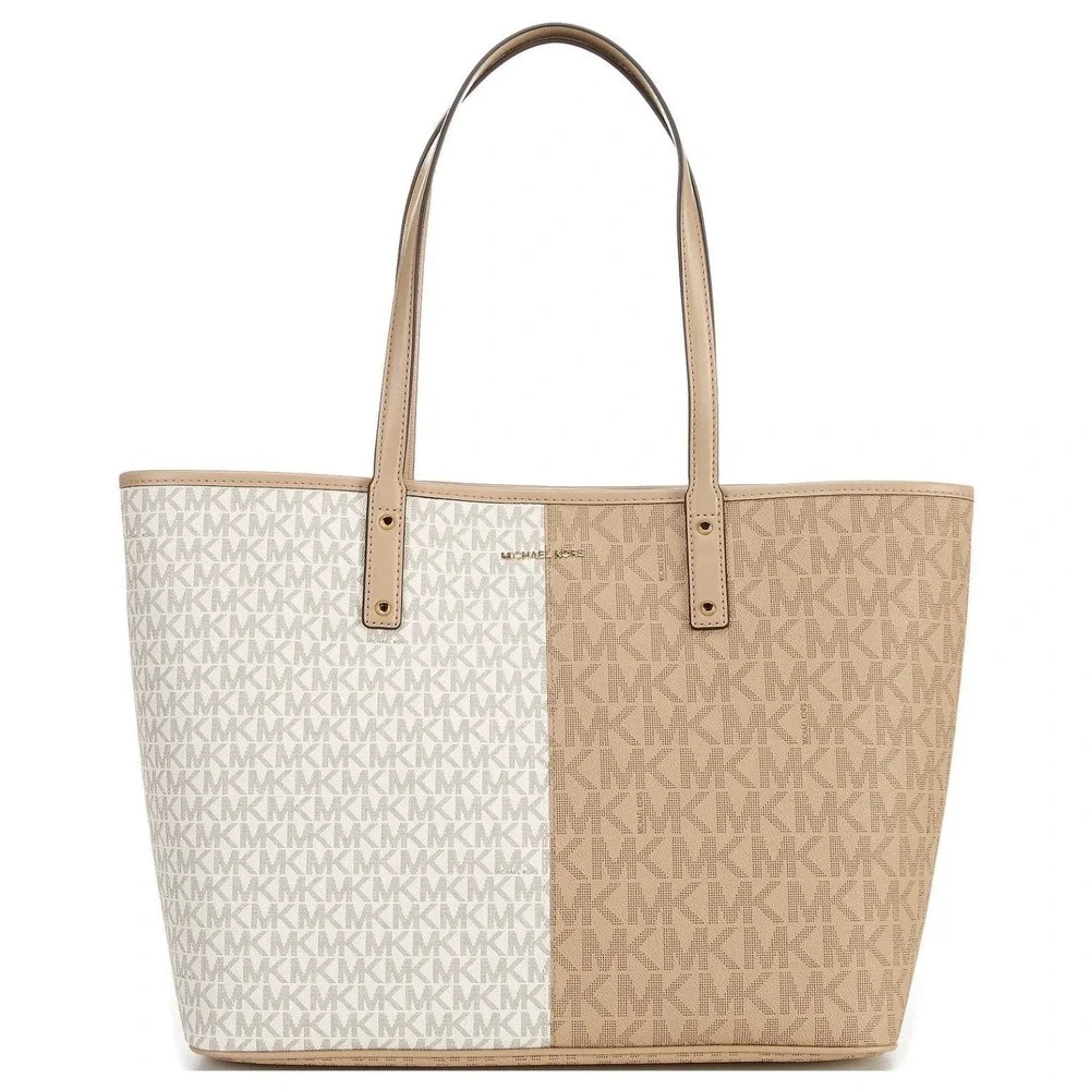 MICHAEL KORS Carter Signature Logo Beige White Cream Open Large Tote Bag $258 - Picture 2 of 10
